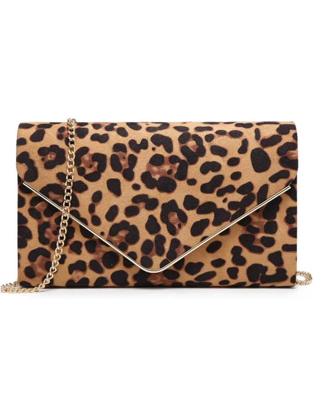 Women's Leopard Prom Gold Chain Faux Suede Clutch Purse Evening Bridal Wedding